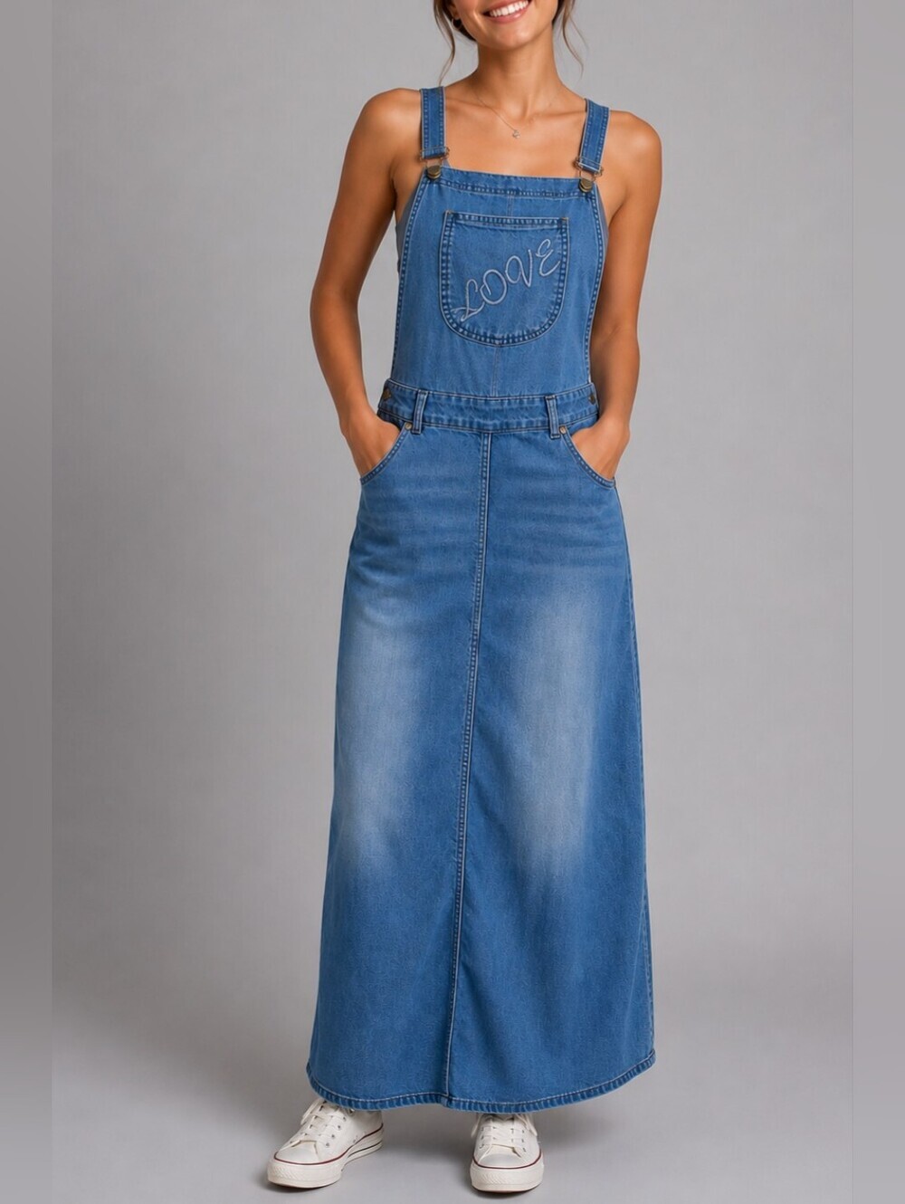 Kene Jeans Denim Overall Maxi Dress Blue Jumper Suspenders Women Size Medium